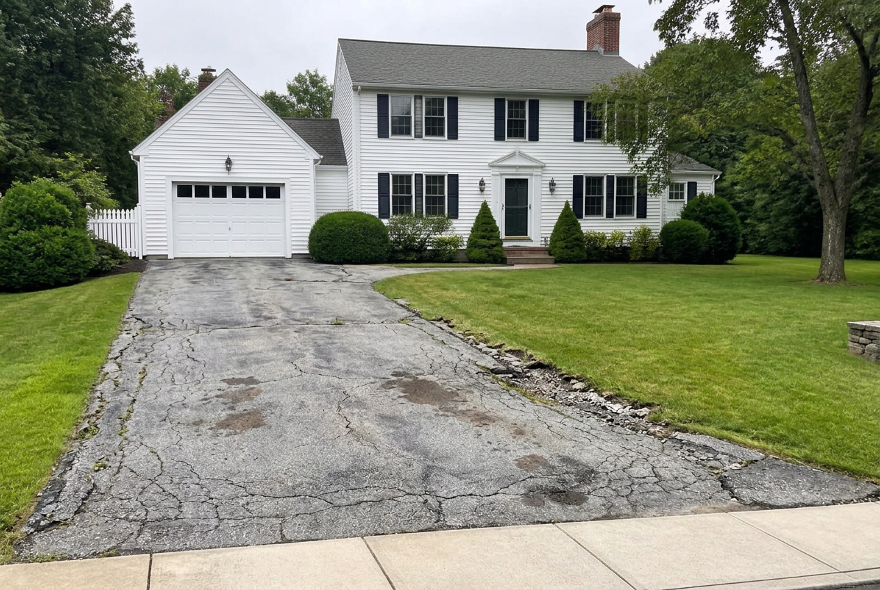 Before: the same driveway faded and gray with widespread cracking