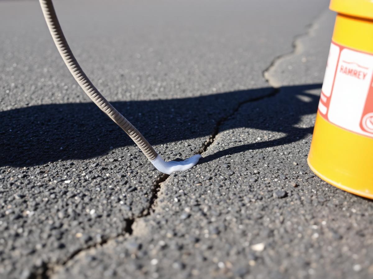 Crack filler being applied along a crack in an aging asphalt surface