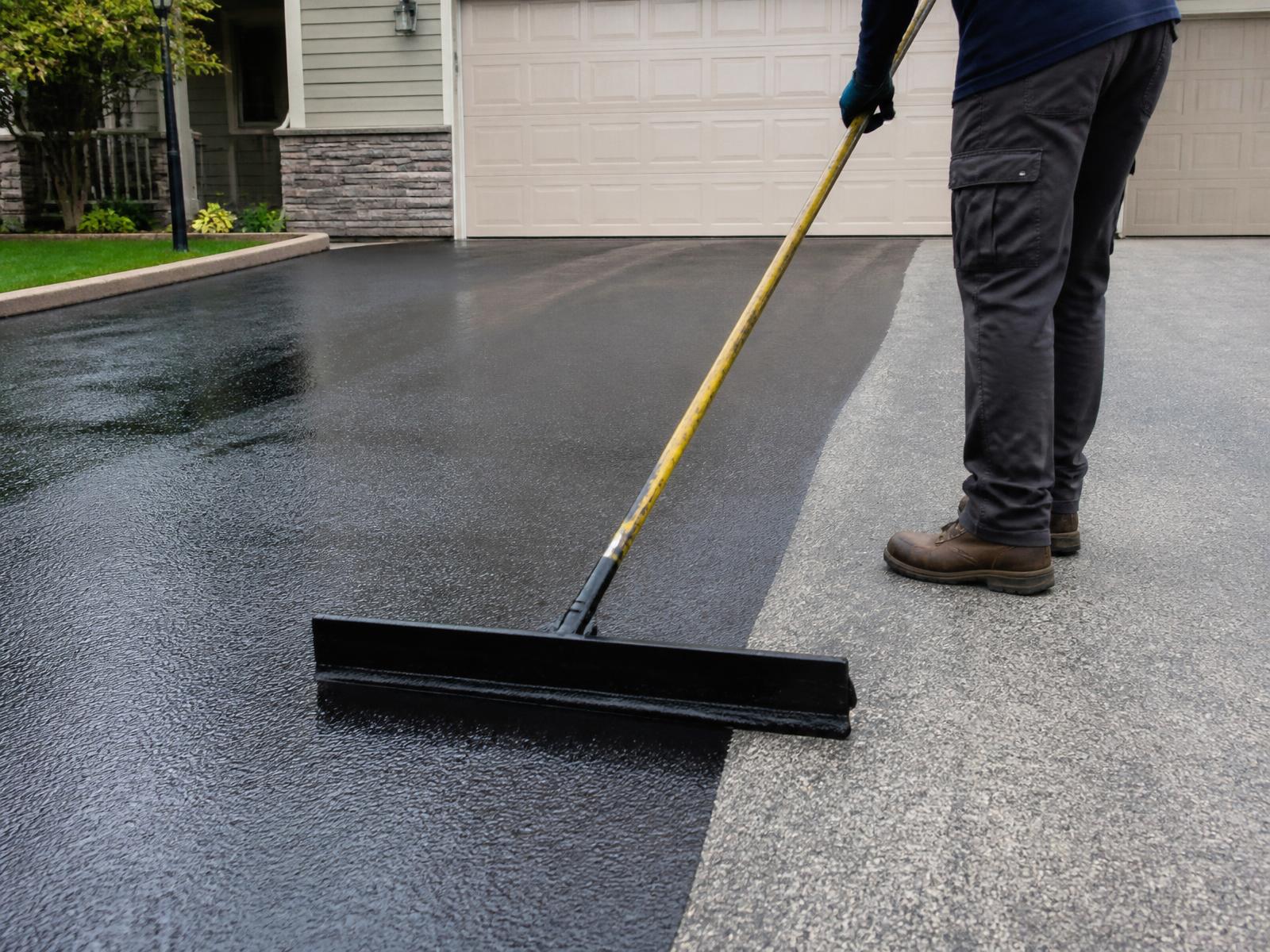 MB Prime Sealcoating applying sealer with a squeegee across a residential driveway